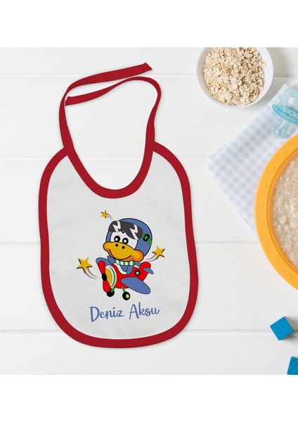 Kids Kişiye Özel Sevimli Pilot Tasarımlı Kırmızı Bebek Mama Önlüğü-3