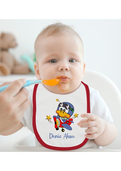 Kids Kişiye Özel Sevimli Pilot Tasarımlı Kırmızı Bebek Mama Önlüğü-3