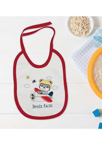 Kids Kişiye Özel Sevimli Pilot Tasarımlı Kırmızı Bebek Mama Önlüğü-1