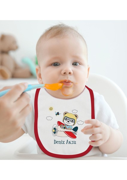 Kids Kişiye Özel Sevimli Pilot Tasarımlı Kırmızı Bebek Mama Önlüğü-1 fiyatları