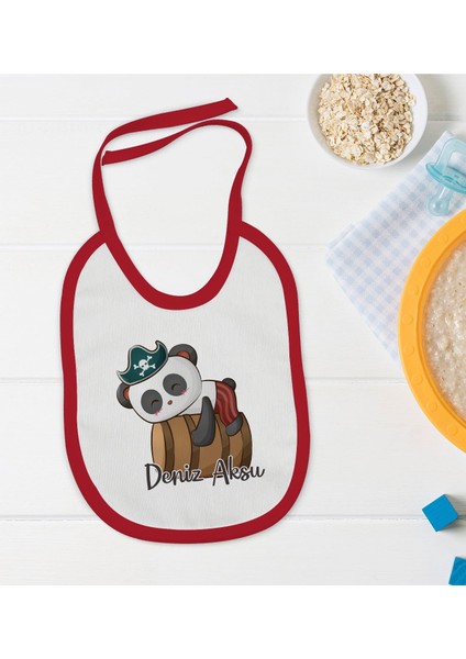 Kids Kişiye Özel Sevimli Korsan Tasarımlı Kırmızı Bebek Mama Önlüğü-4