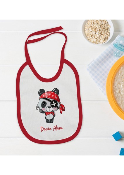 Kids Kişiye Özel Sevimli Korsan Tasarımlı Kırmızı Bebek Mama Önlüğü-1