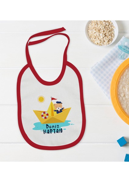 Kids Kişiye Özel Sevimli Kaptan Tasarımlı Kırmızı Bebek Mama Önlüğü-1