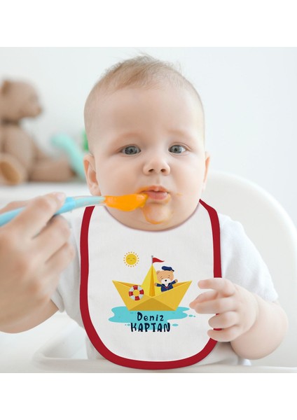 Kids Kişiye Özel Sevimli Kaptan Tasarımlı Kırmızı Bebek Mama Önlüğü-1 fiyatları