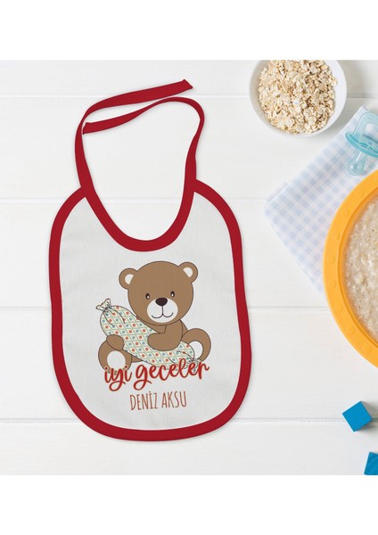 Kids Kişiye Özel Sevimli Ayı Tasarımlı Kırmızı Bebek Mama Önlüğü-1