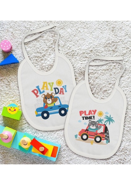 Kids Play Time ve Play Day Tasarımlı 2’li Beyaz Mama Önlüğü-1