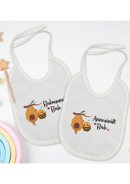 Kids Annesinin ve Babasının Balı Tasarımlı 2’li Beyaz Mama Önlüğü-1
