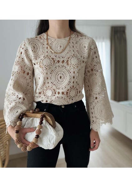Dantel Ispanyol Kol Örme Bluz