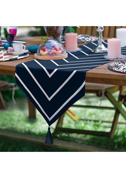 Ikat Lacivert Püsküllü Runner ve Yuvarlak Servis Altlığı & Supla Seti modelleri