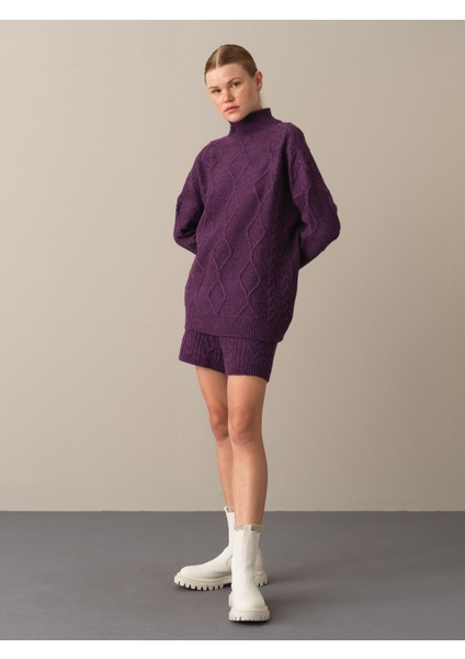 Kadın Mor Dik Yaka Oversize Kazak