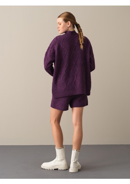 Kadın Mor Dik Yaka Oversize Kazak fırsatları