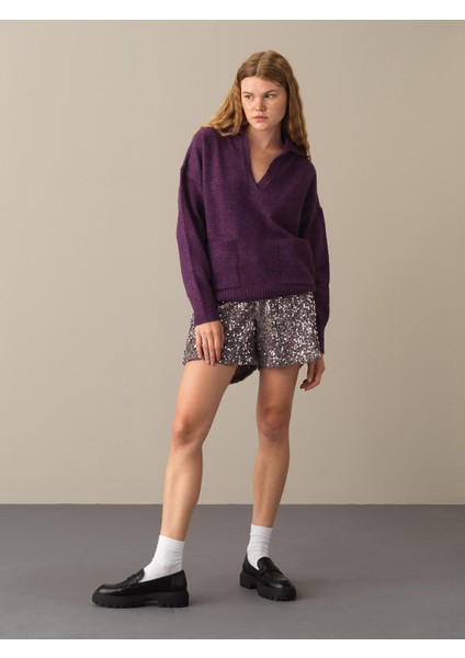 Kadın Mor Oversize Cepli Kazak