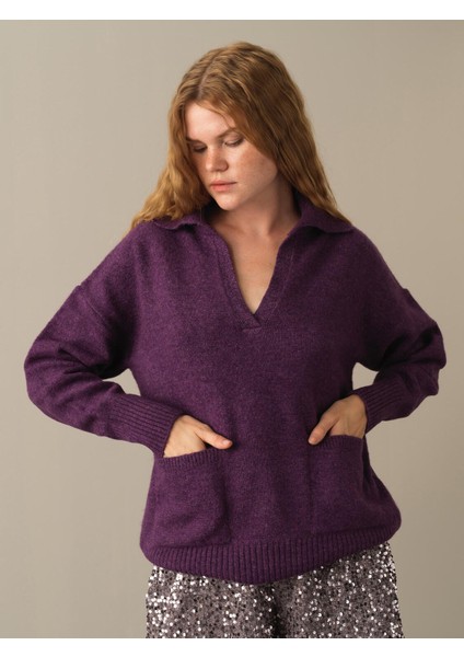 Kadın Mor Oversize Cepli Kazak fiyatları