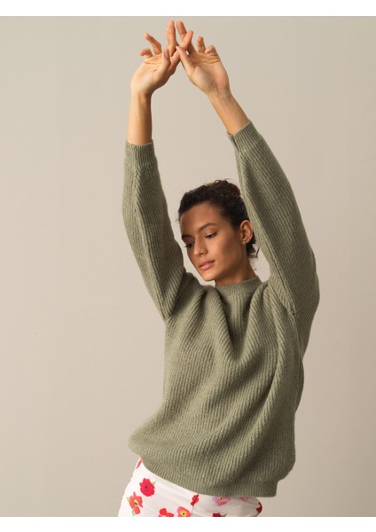 Kadın Yeşil Bisiklet Yaka Oversize Kazak