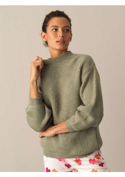 Kadın Yeşil Bisiklet Yaka Oversize Kazak modelleri