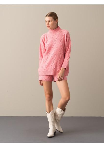 Kadın Pembe Dik Yaka Oversize Kazak fiyatları