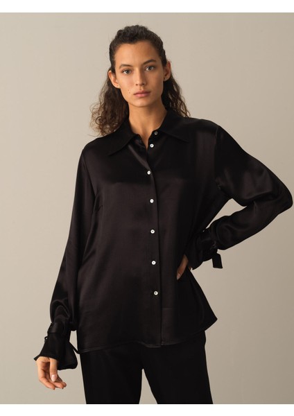 Kadın Siyah Oversize Saten Gömlek fiyatları
