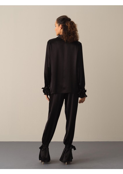 Kadın Siyah Oversize Saten Gömlek indirimleri