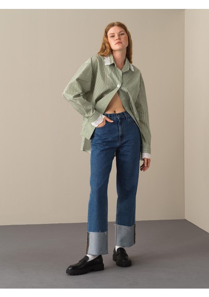 Kadın Yeşil Oversize Çizgili Gömlek