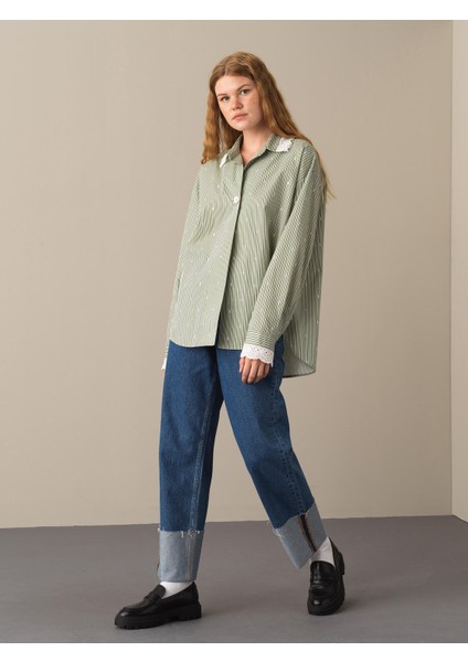 Kadın Yeşil Oversize Çizgili Gömlek fiyatları