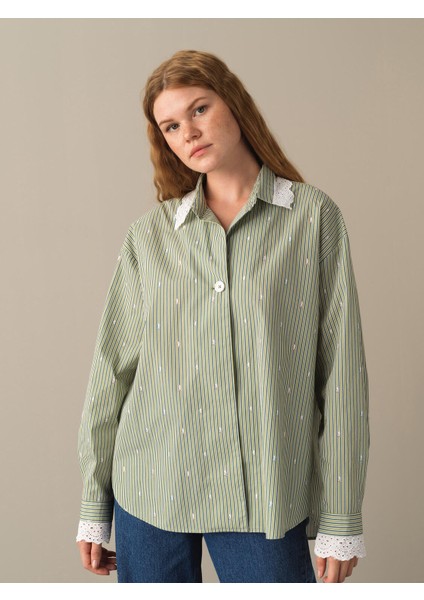 Kadın Yeşil Oversize Çizgili Gömlek modelleri