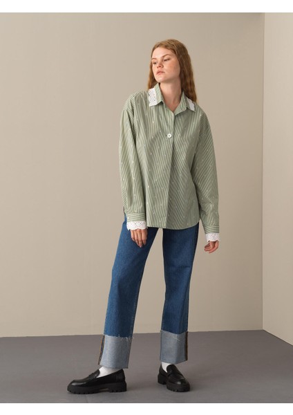 Kadın Yeşil Oversize Çizgili Gömlek fırsatları