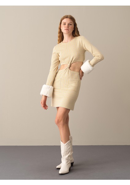 Kadın Sarı Slim Fit Ekose Mini Elbise