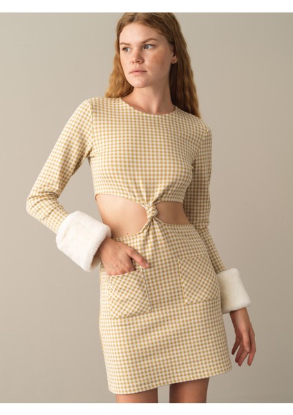 Kadın Sarı Slim Fit Ekose Mini Elbise fiyatları