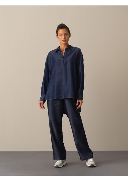 Kadın Lacivert Polo Yaka Oversize Gömlek