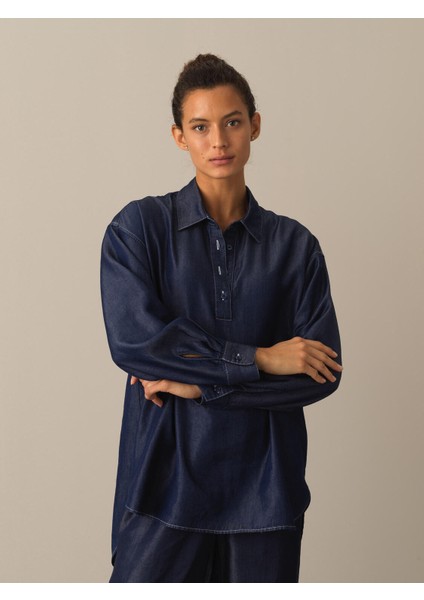Kadın Lacivert Polo Yaka Oversize Gömlek fiyatları