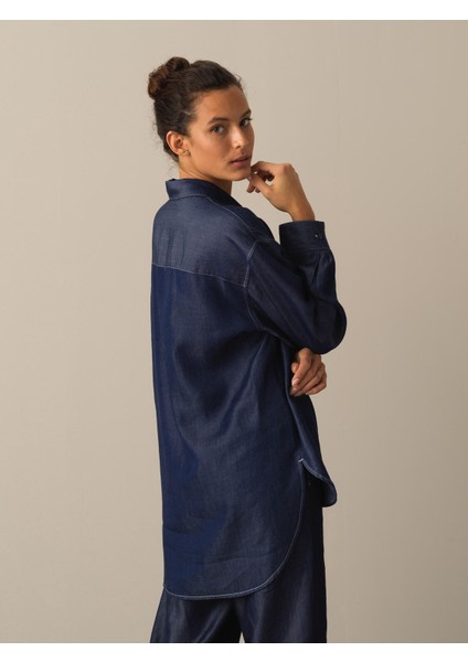 Kadın Lacivert Polo Yaka Oversize Gömlek modelleri