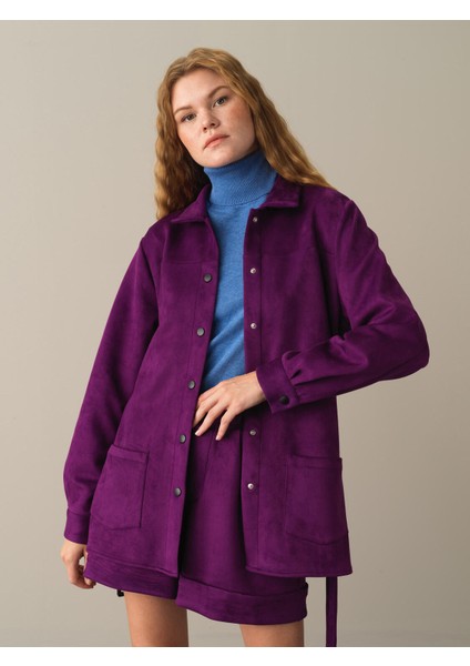Kadın Mor Süet Görünümlü Gömlek Ceket