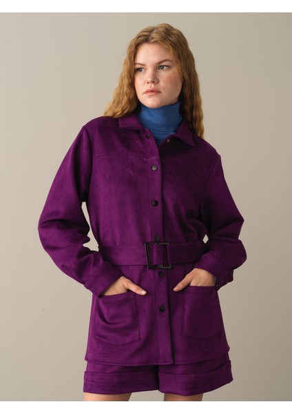 Kadın Mor Süet Görünümlü Gömlek Ceket modelleri