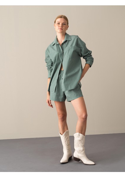 Kadın Haki Oversize Desenli Gömlek