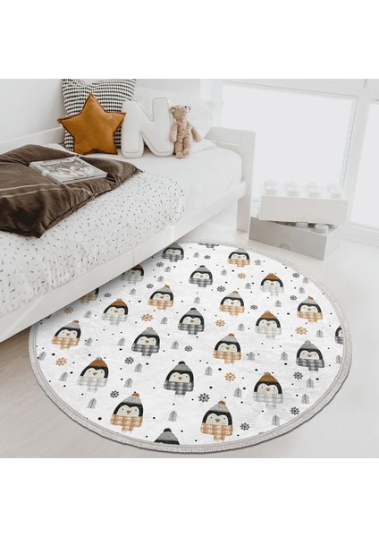 Atkılı Penguen Motifli Çocuk & Genç Odası Makinede Yıkanabilir Kaymaz Tabanlı Püsküllü Yuvarlak Çocuk Halısı