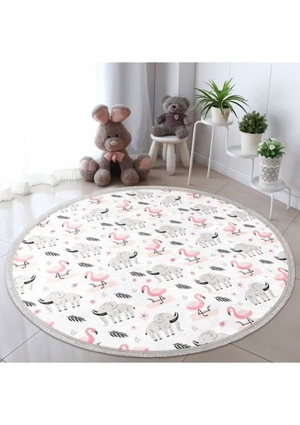 Flamingo ve Fil Motifli Çocuk & Genç Odası Makinede Yıkanabilir Kaymaz Tabanlı Püsküllü Yuvarlak Çocuk Halısı