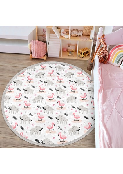 Flamingo ve Fil Motifli Çocuk & Genç Odası Makinede Yıkanabilir Kaymaz Tabanlı Püsküllü Yuvarlak Çocuk Halısı