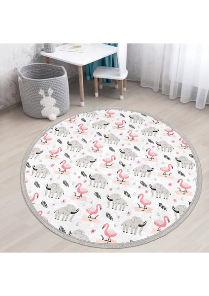 Flamingo ve Fil Motifli Çocuk & Genç Odası Makinede Yıkanabilir Kaymaz Tabanlı Püsküllü Yuvarlak Çocuk Halısı
