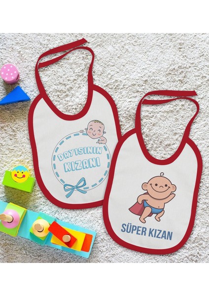 Kids Dayısının Kızanı ve Süper Kızan Tasarımlı 2’li Kırmızı Mama Önlüğü-1 fiyatları