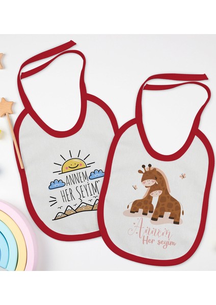 Kids Annem Her Şeyim Tasarımlı 2’li Kırmızı Mama Önlüğü-1