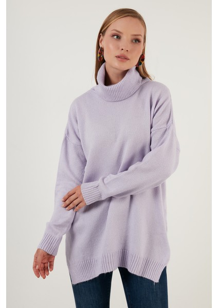 Oversize Balıkçı Yaka Yanları Yırtmaçlı Uzun Kışlık Triko Kazak Bayan Kazak 63621285