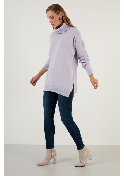 Oversize Balıkçı Yaka Yanları Yırtmaçlı Uzun Kışlık Triko Kazak Bayan Kazak 63621285
