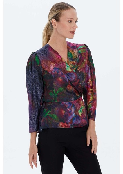 Kruvaze Yaka Kolu Büzgülü Emprime Bluz