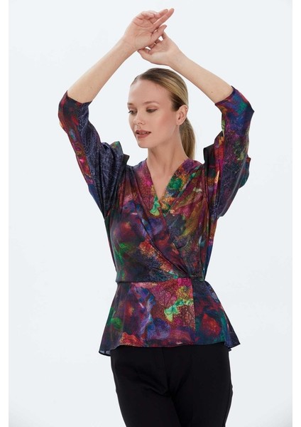 Kruvaze Yaka Kolu Büzgülü Emprime Bluz fiyatları