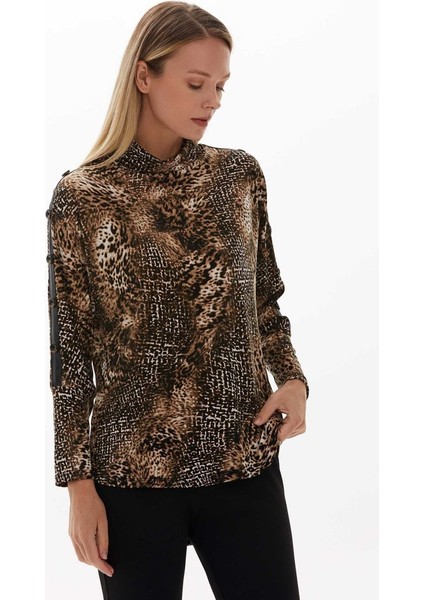 Balıkçı Yaka Kolu Deri Kombinli Leopar Bluz
