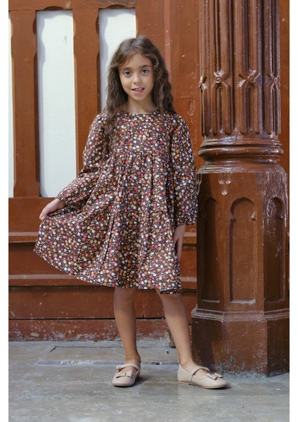 Vintage Kahve Çiçekli Uzun Kol Kız Çocuk Elbise
