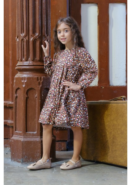 Vintage Kahve Çiçekli Uzun Kol Kız Çocuk Elbise fiyatları