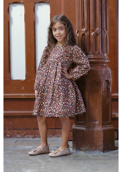 Vintage Kahve Çiçekli Uzun Kol Kız Çocuk Elbise modelleri