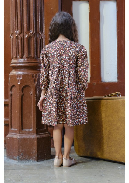 Vintage Kahve Çiçekli Uzun Kol Kız Çocuk Elbise fırsatları