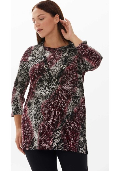 Büyük Beden Kendinden Kolyeli Emprime Bluz